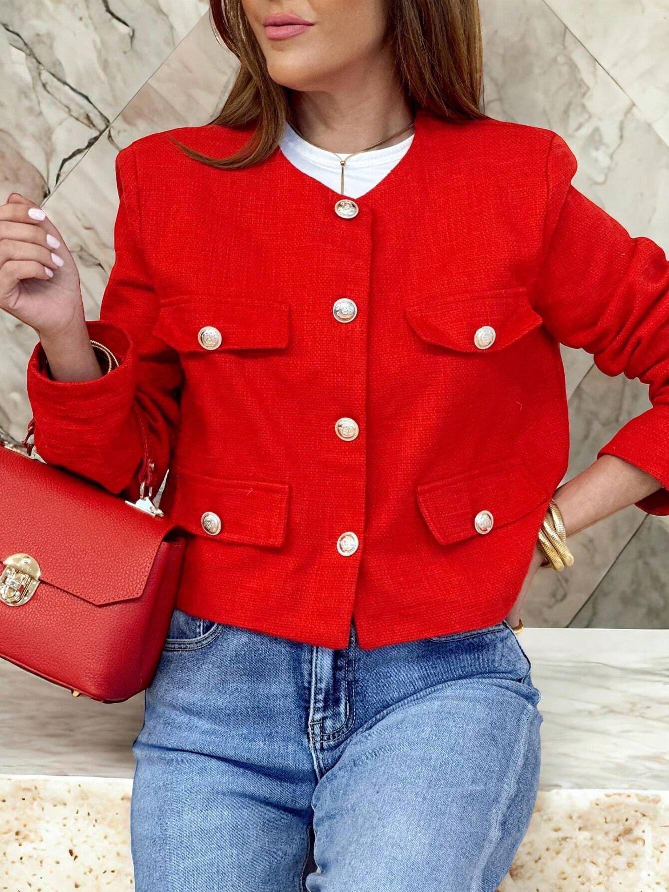 Women's Elegant Casual Tweed Jacket Round Neckline Decorated Long Sleeves Solid Colour Coat shein