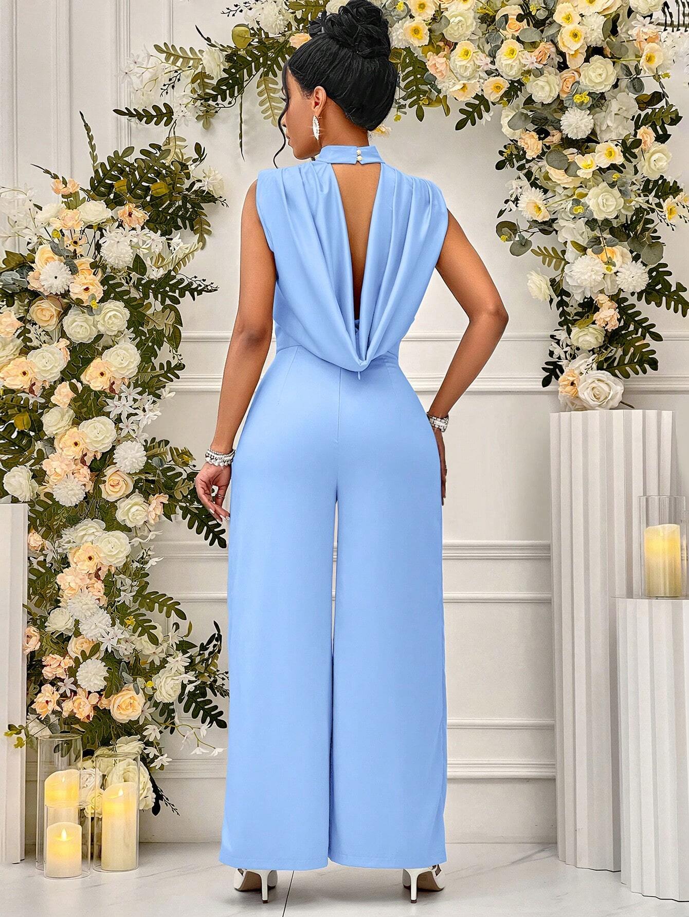 Lady Women Summer Solid Color Wide Leg Elegant Jumpsuit With Keyhole Neckline shein