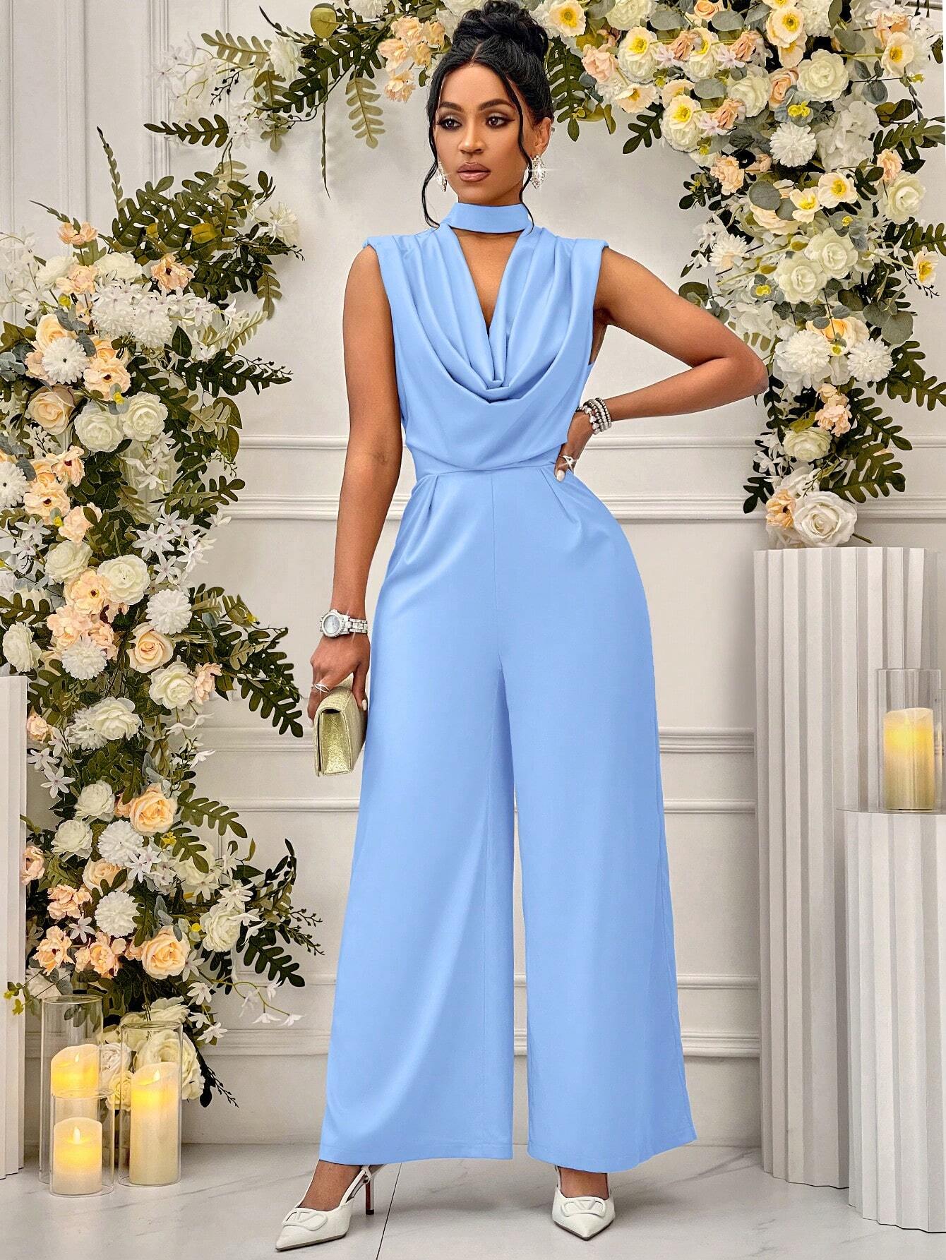 Lady Women Summer Solid Color Wide Leg Elegant Jumpsuit With Keyhole Neckline shein