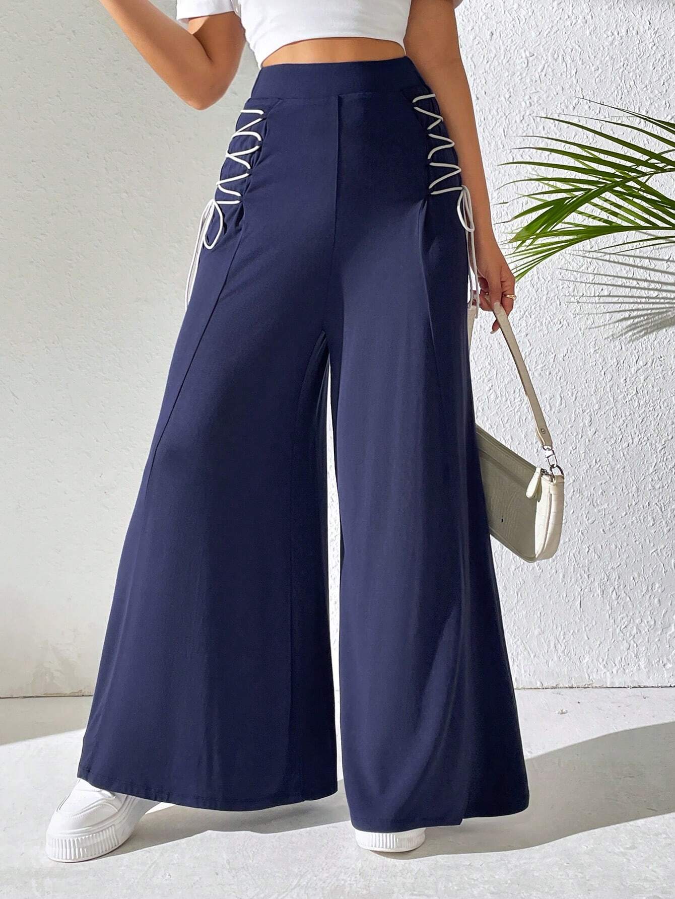 Mulvari Women Fashionable Solid Color Loose Casual Wide Leg Long Pants shein