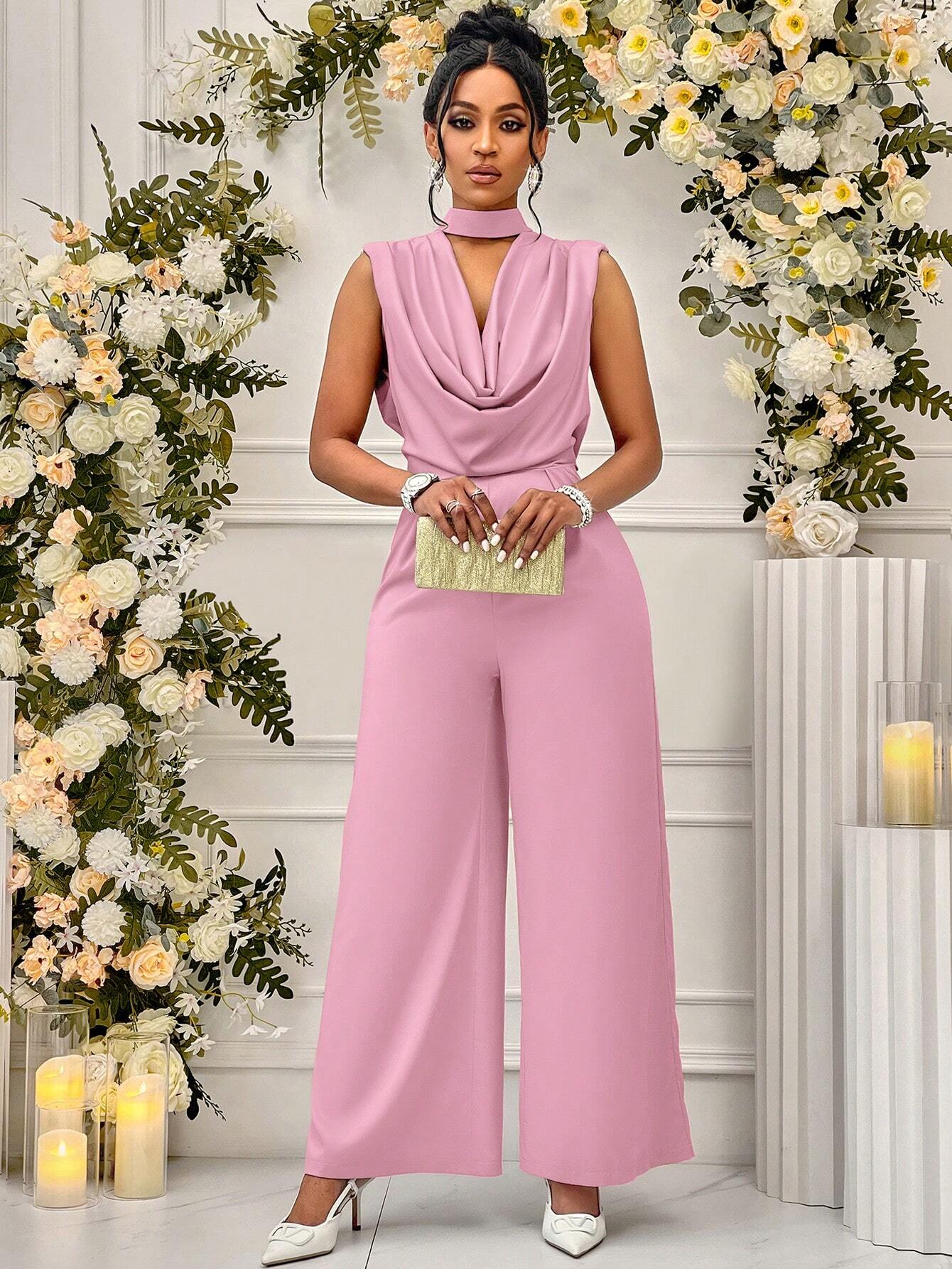 Lady Women Summer Solid Color Wide Leg Elegant Jumpsuit With Keyhole Neckline shein