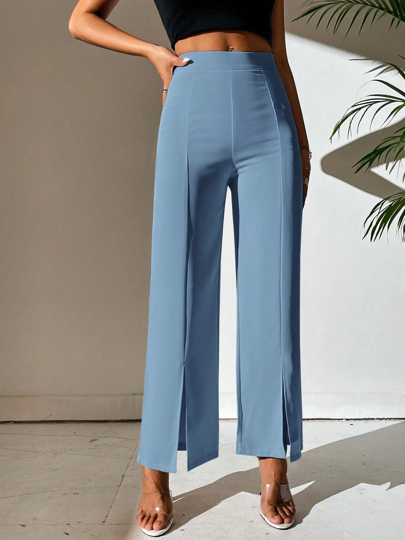 PETITE Split Hem Straight Leg Dress Pants shein