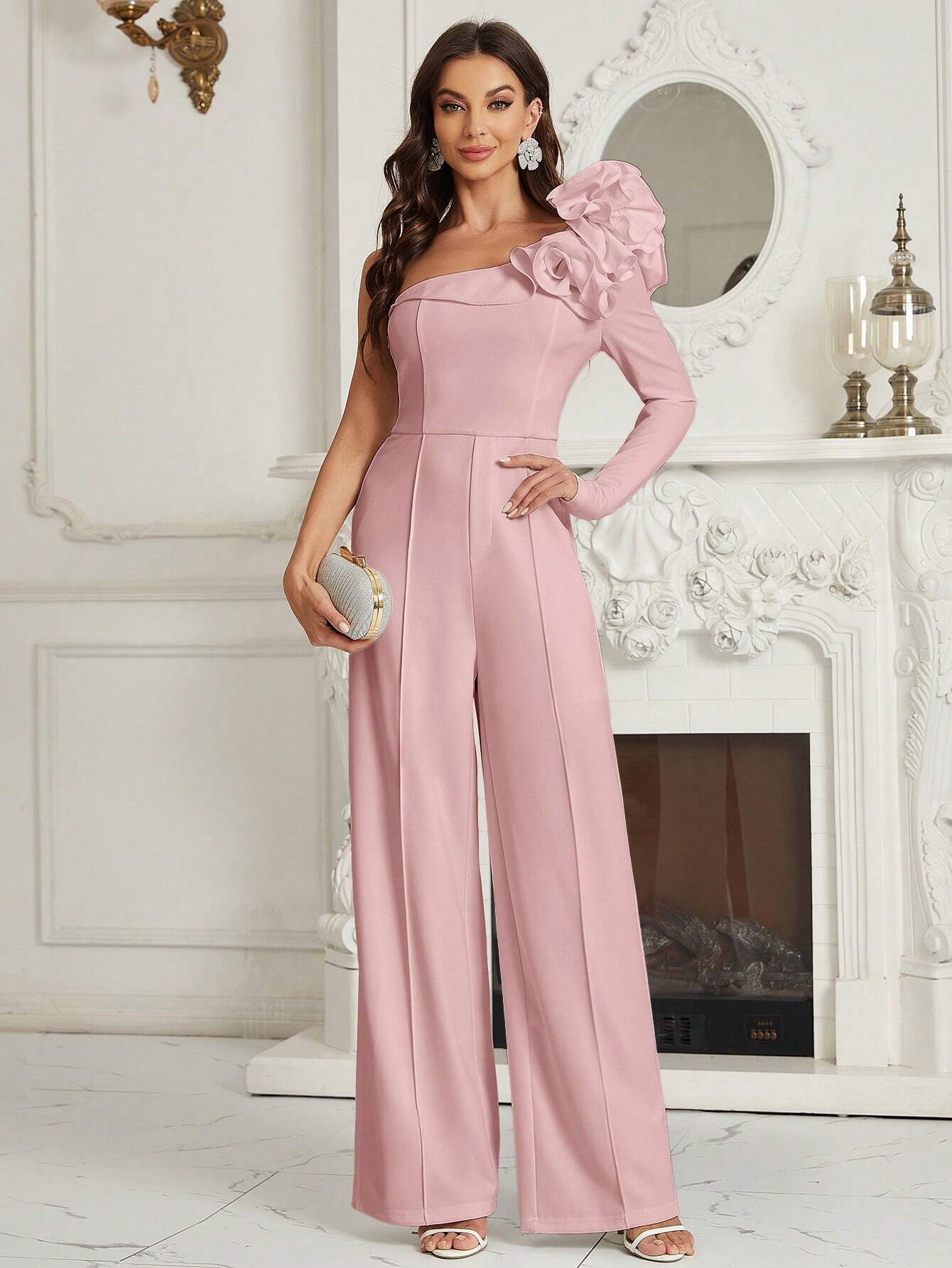 Belle Pleated, Deep V-Neck, Handmade 3D Flower Jumpsuit For arty shein