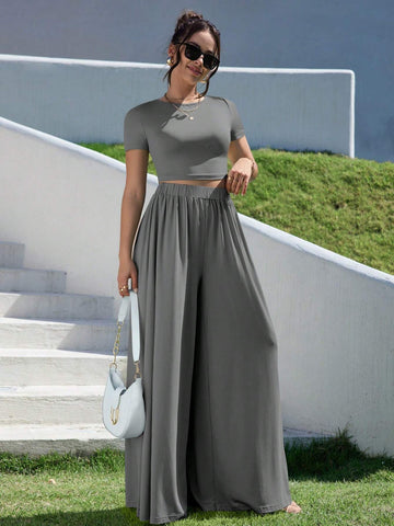 Essnce Summer Simple Short Sleeve Tee & Wide Leg Pants Two Piece Outfit shein