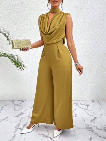 Lady Women Summer Solid Color Wide Leg Elegant Jumpsuit With Keyhole Neckline shein