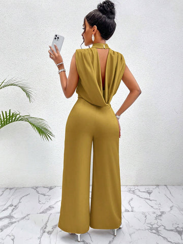 Lady Women Summer Solid Color Wide Leg Elegant Jumpsuit With Keyhole Neckline shein