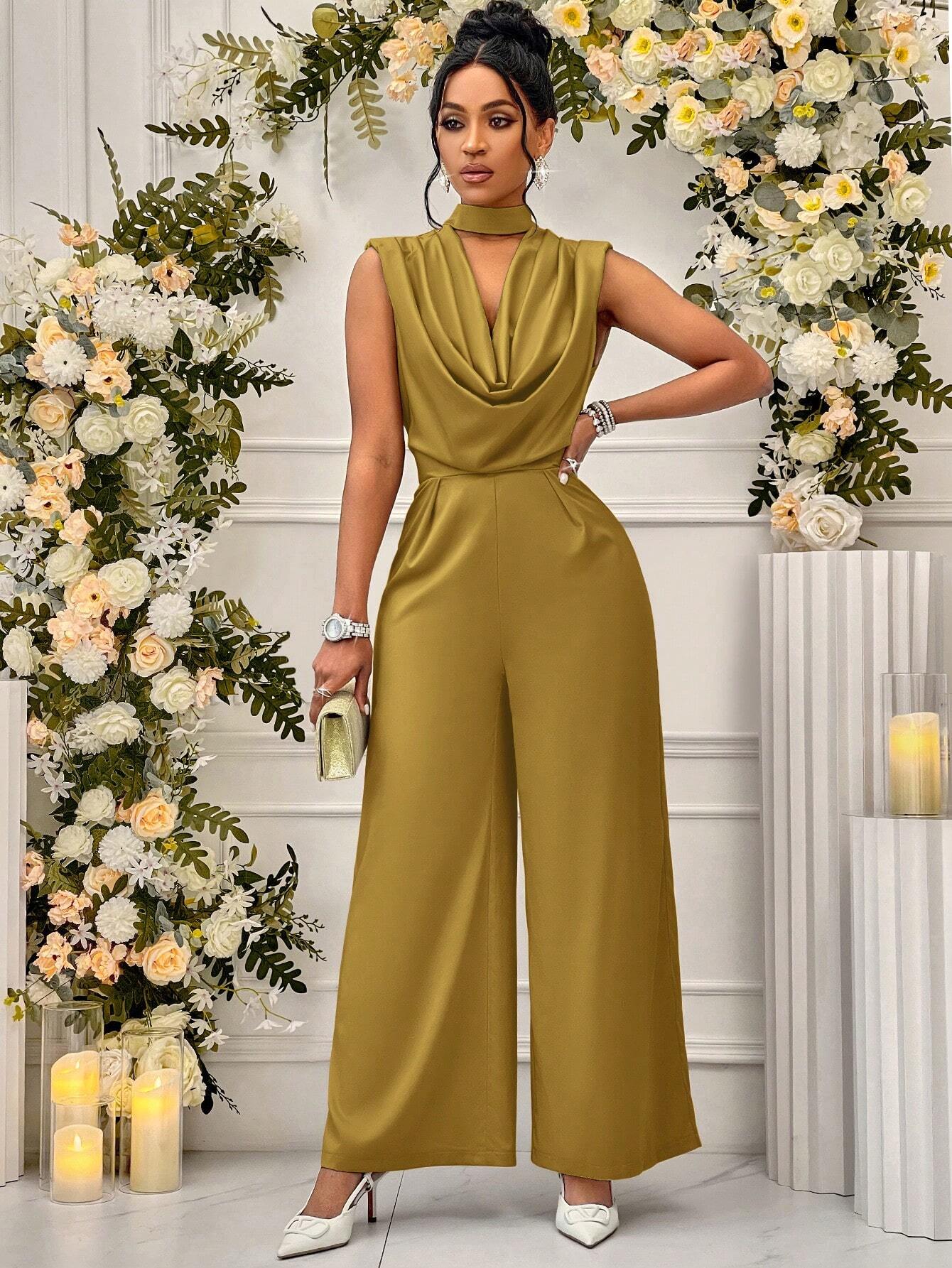 Lady Women Summer Solid Color Wide Leg Elegant Jumpsuit With Keyhole Neckline shein