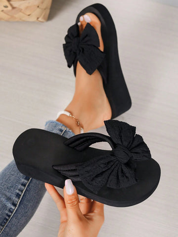 Bowknot Flip-Flops For Women, Summer Fashionable High-Heeled Slipper shein