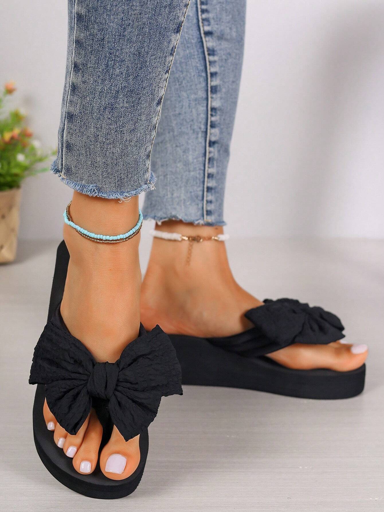 Bowknot Flip-Flops For Women, Summer Fashionable High-Heeled Slipper shein