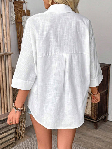 VCAY Loose Solid Color Vacation Leisure Shirt shein