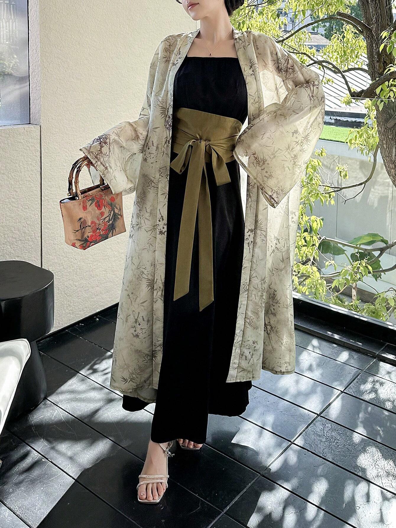 Modely Waist-Tied Casual Cami Dress And Long Sleeve Cardigan Hanfu Set shein