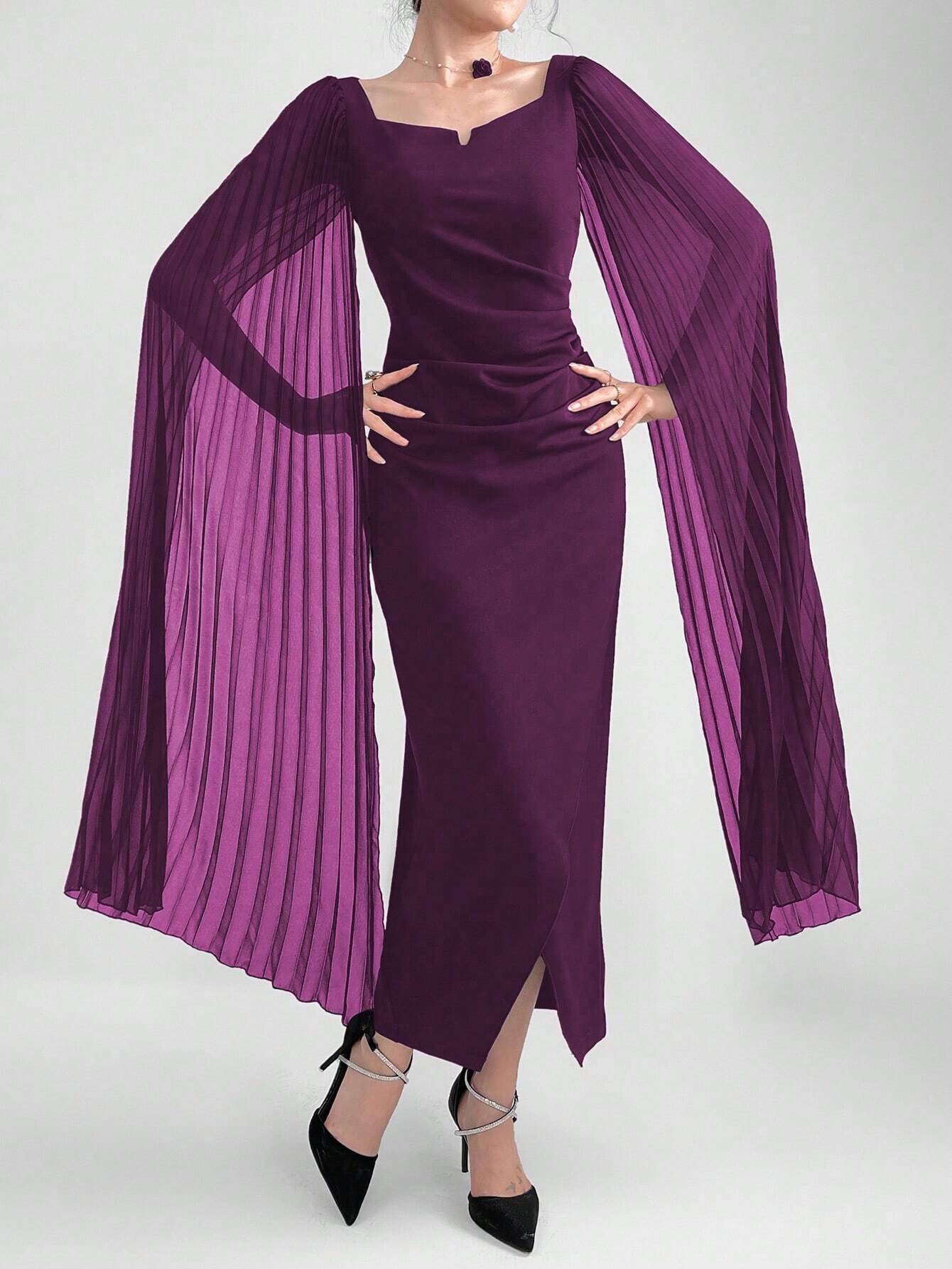 Modely Elegant Dress With A Notched Collar, Pleats, Cinched Waistline, Cape Sleeves shein