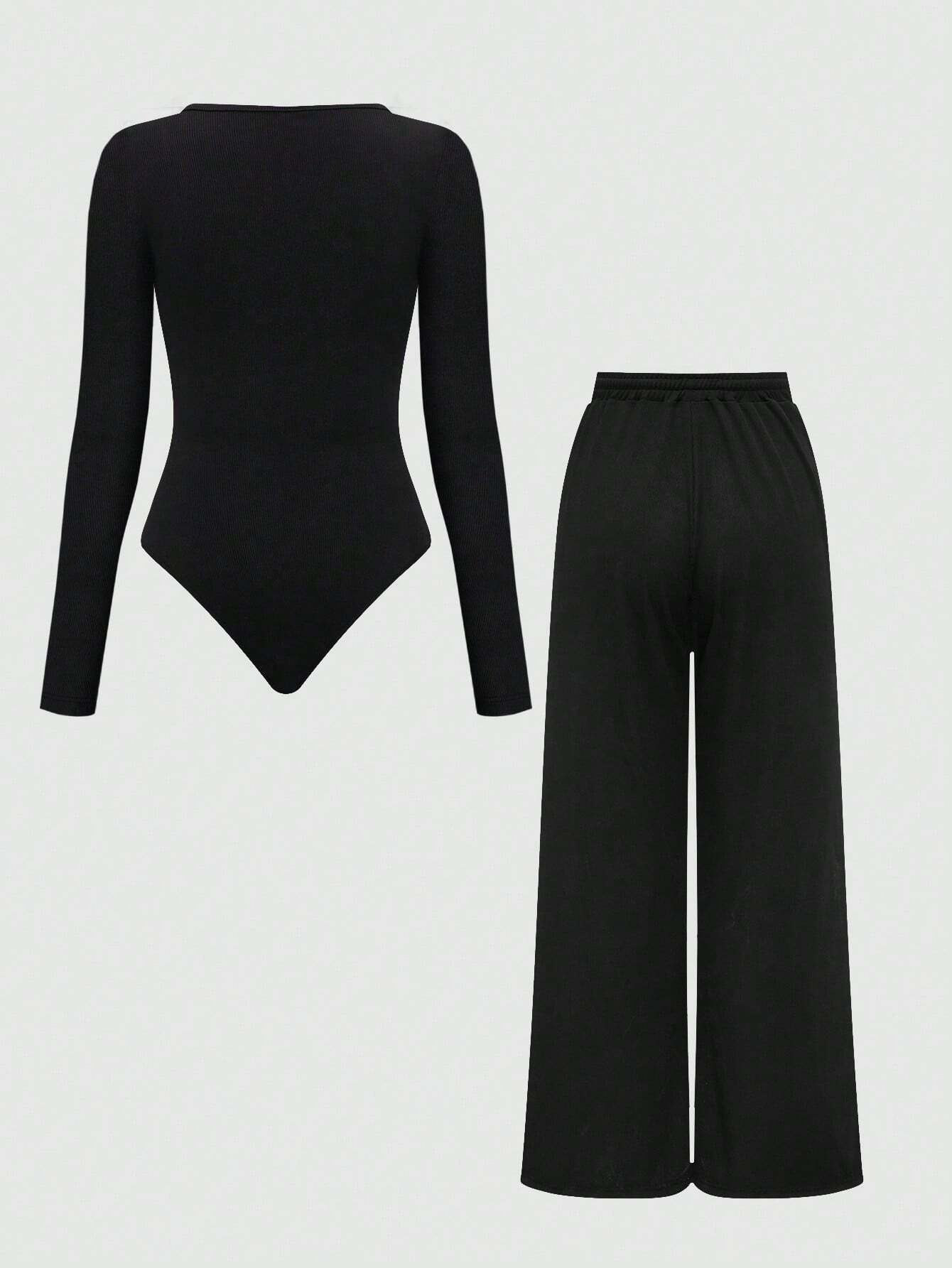 MOOSTA 2pcs Set: Square Neck Long Sleeve Jumpsuit And Drawstring Pants shein