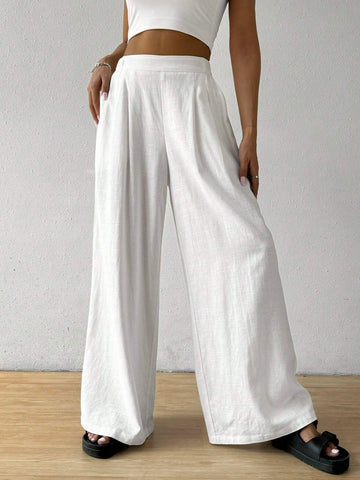 EZwear Solid Color Pleated Wide Leg Pants shein