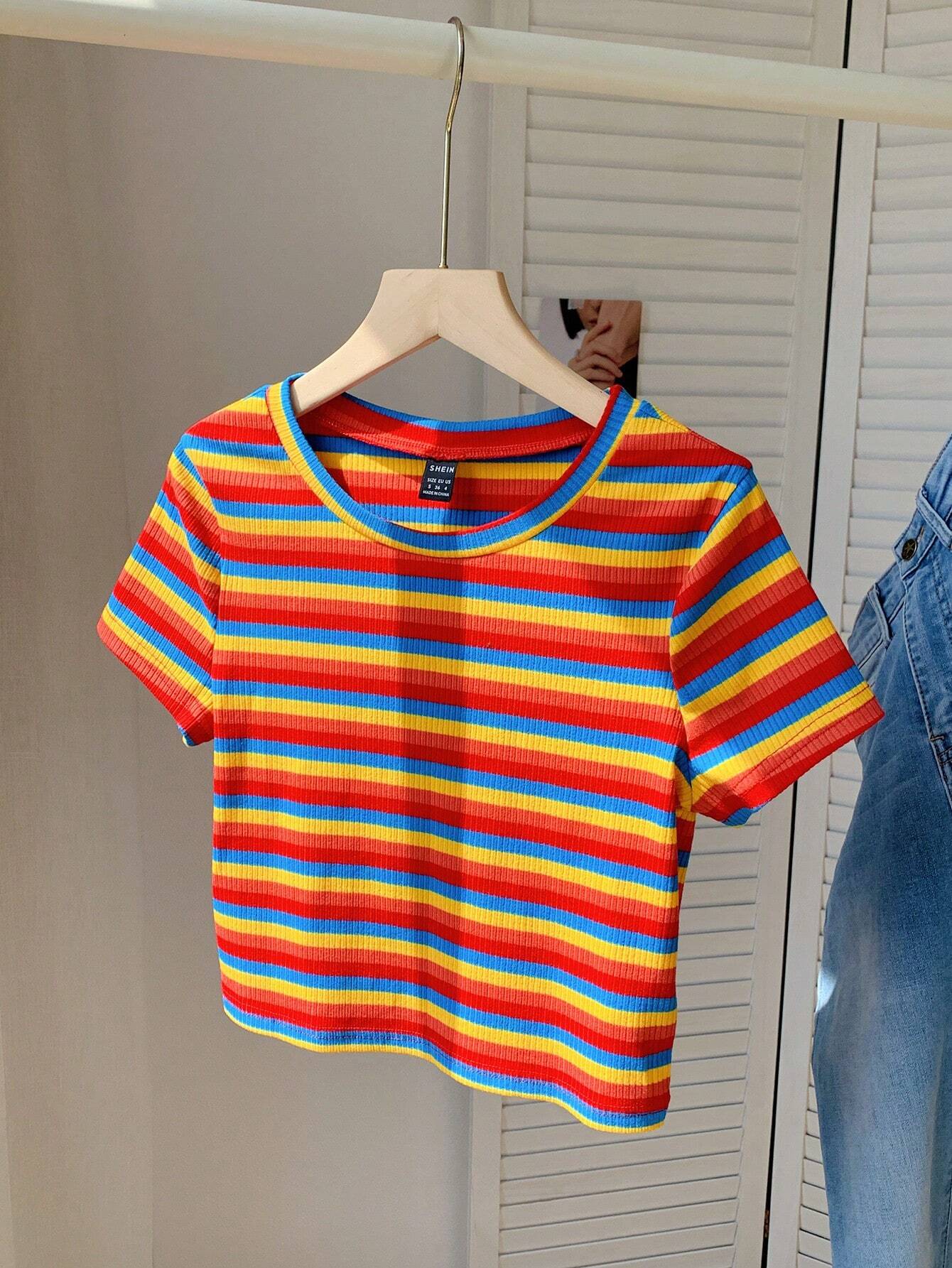 EZwear Colorful Striped Knit Slim-Fit Women\ T-Shirt shein