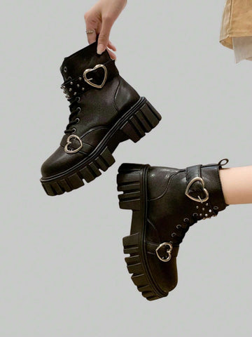 ROMWE Kawaii Heart Buckle Decor Boots shein