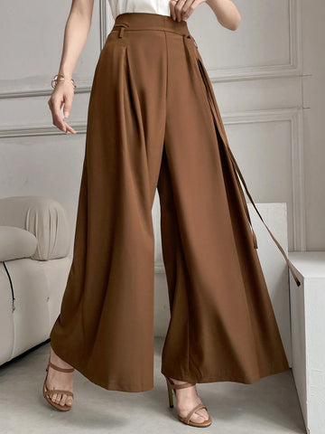 Modely Women's Casual Solid Color Wide Leg Pants shein