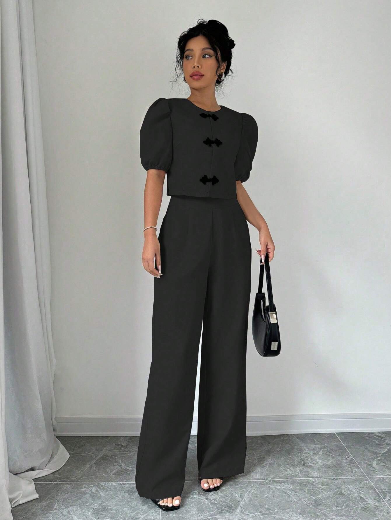 Privé Bow Front Puff Sleeve Blouse & Wide Leg Pants shein