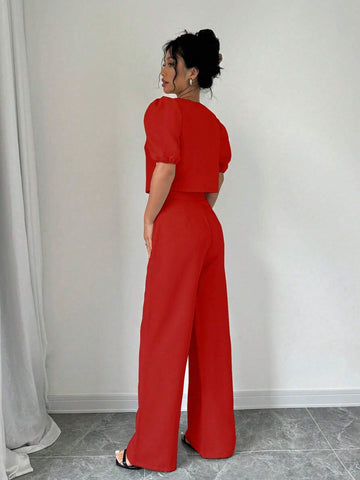 Privé Bow Front Puff Sleeve Blouse & Wide Leg Pants shein