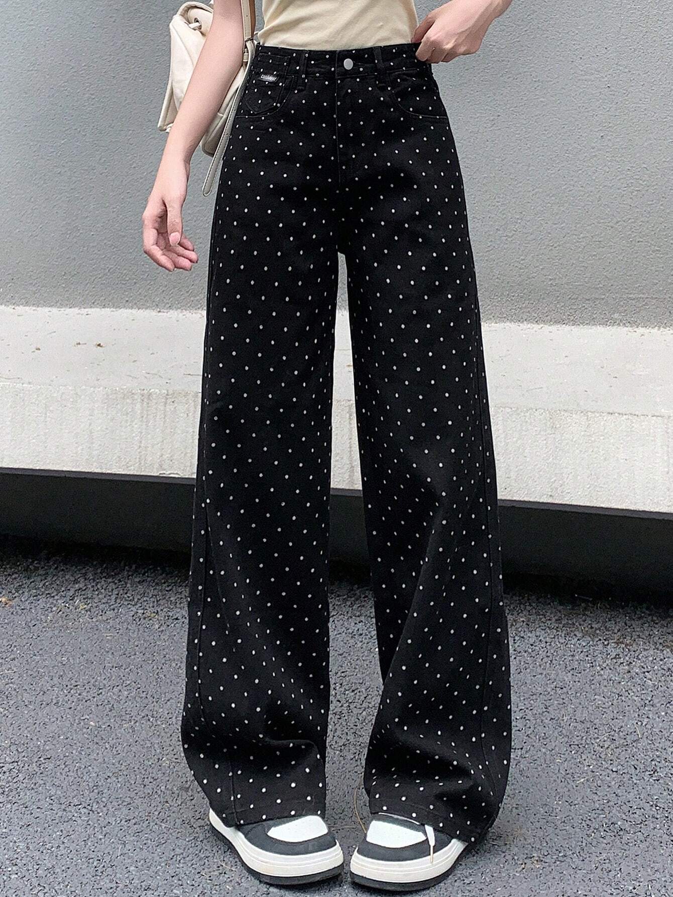 DAZY Bow Print Zipper Fly Wide Leg Jeans shein