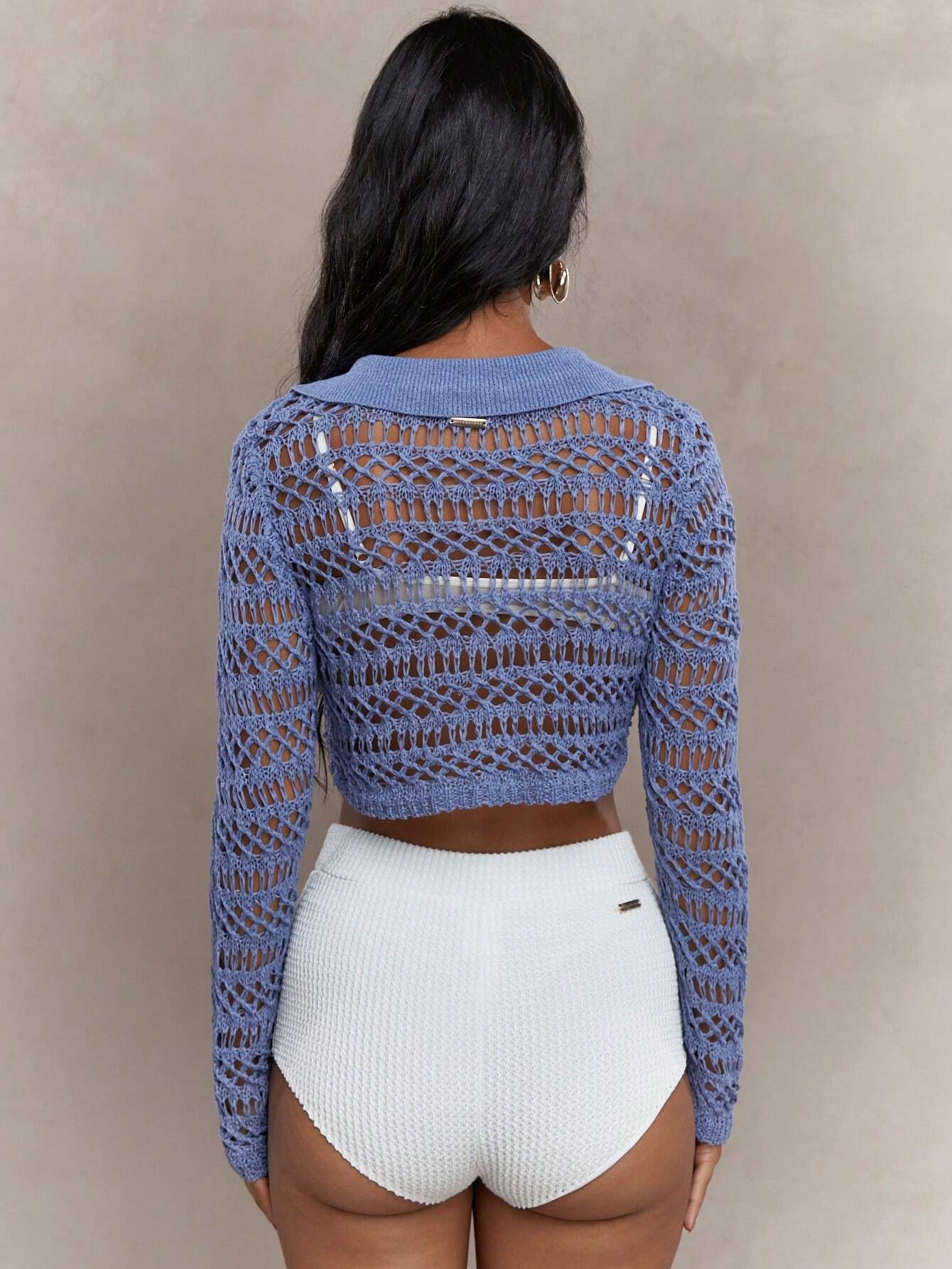 MISSGUIDED Crochet Knit Collared Buttoned Long Sleeve Crop Top shein