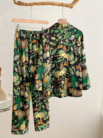 2pcs Women's Ink Print Ice Silk Pajamas, Simple Mandarin Collar Long Sleeve Homewear Set shein