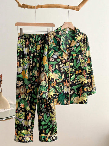 2pcs Women's Ink Print Ice Silk Pajamas, Simple Mandarin Collar Long Sleeve Homewear Set shein