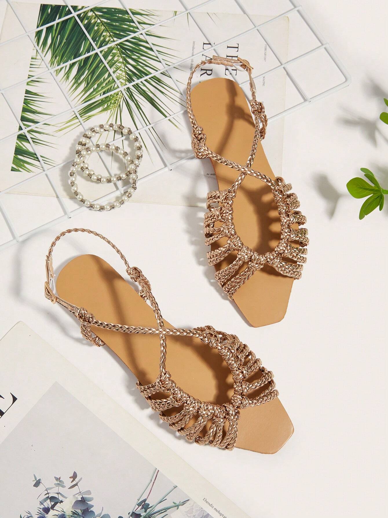 Faux Suede Hand-Woven Twist Flat Sandals shein