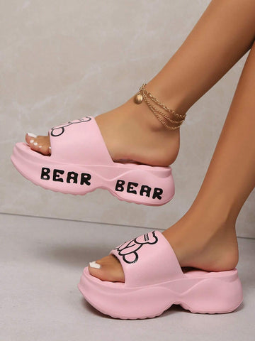 Fashion Women's Cute Cartoon Bear Printed EVA Rubber Integrated Molded Casual Open Toe High Heel Slippers shein