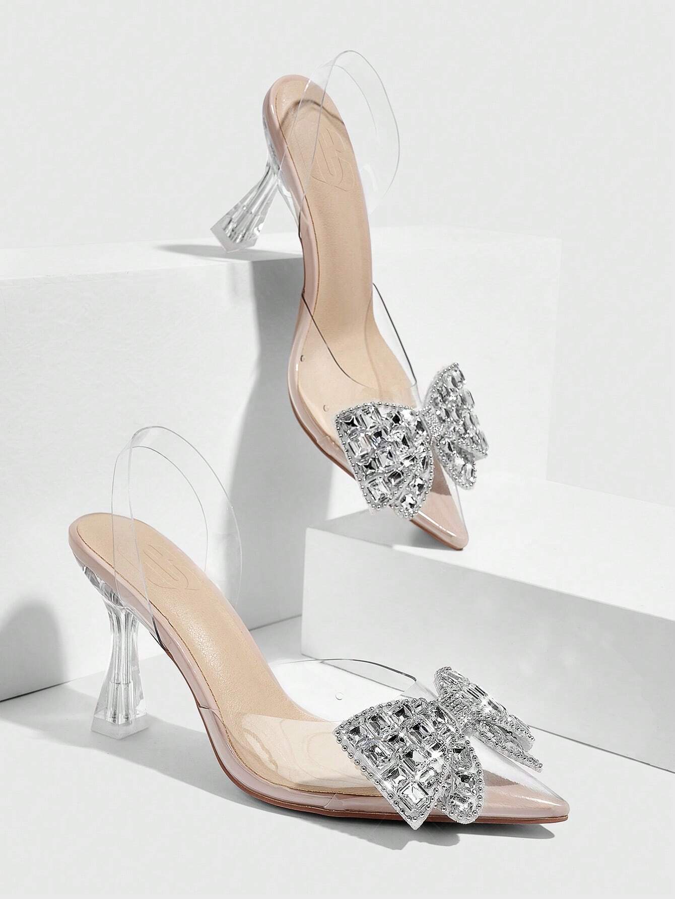 Rhinestone Point Toe Pyramid Clear Heeled Pumps shein