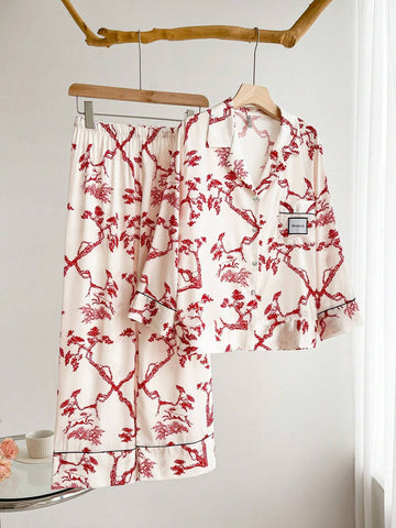 2pcs Women's Ink Print Ice Silk Pajamas, Simple Mandarin Collar Long Sleeve Homewear Set shein