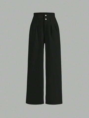 MOD Solid Button Front Wide Leg Pants shein