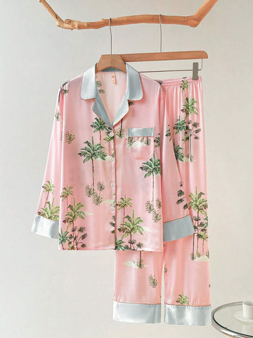 2pcs Women's Ink Print Ice Silk Pajamas, Simple Mandarin Collar Long Sleeve Homewear Set shein