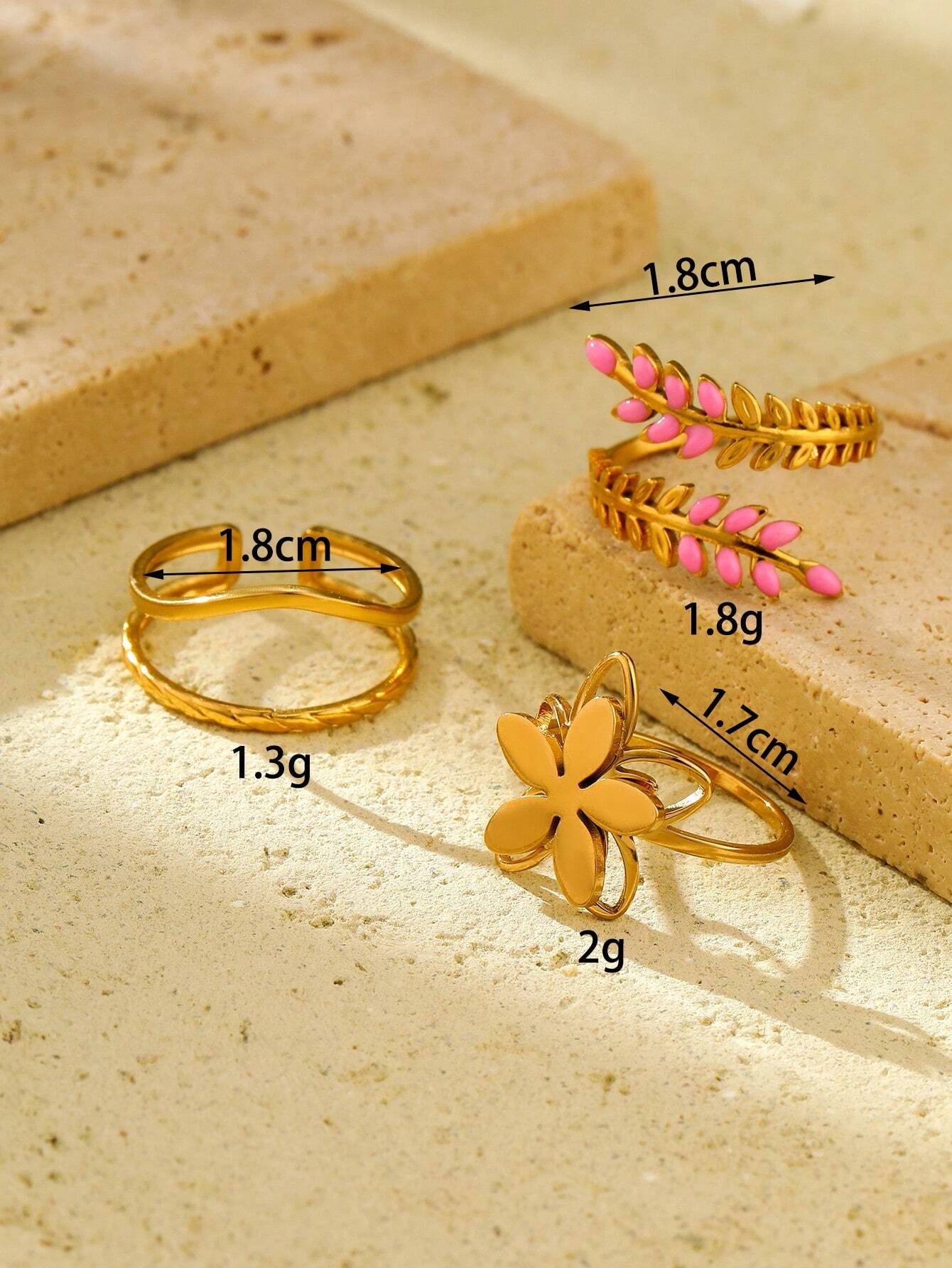 Onelike 3pcs Gold Color yellow stainless steel wheat ears leaves/Flower, Simple ladies ring set shein