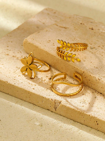 Onelike 3pcs Gold Color yellow stainless steel wheat ears leaves/Flower, Simple ladies ring set shein