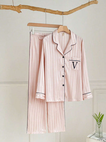 2pcs Women's Ink Print Ice Silk Pajamas, Simple Mandarin Collar Long Sleeve Homewear Set shein