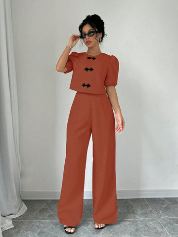 Privé Bow Front Puff Sleeve Blouse & Wide Leg Pants shein