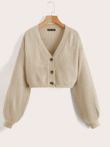 EZwear Lantern Sleeve Button Front Rib Knit Cardigan