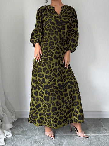 Privé Women's Spring Summer Leopard Print V-Neck Lantern Sleeve Loose Long Dress shein