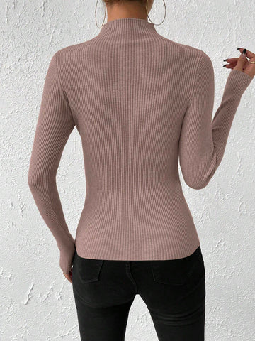 Essnce Mock Neck Ribbed Knit Sweater shein