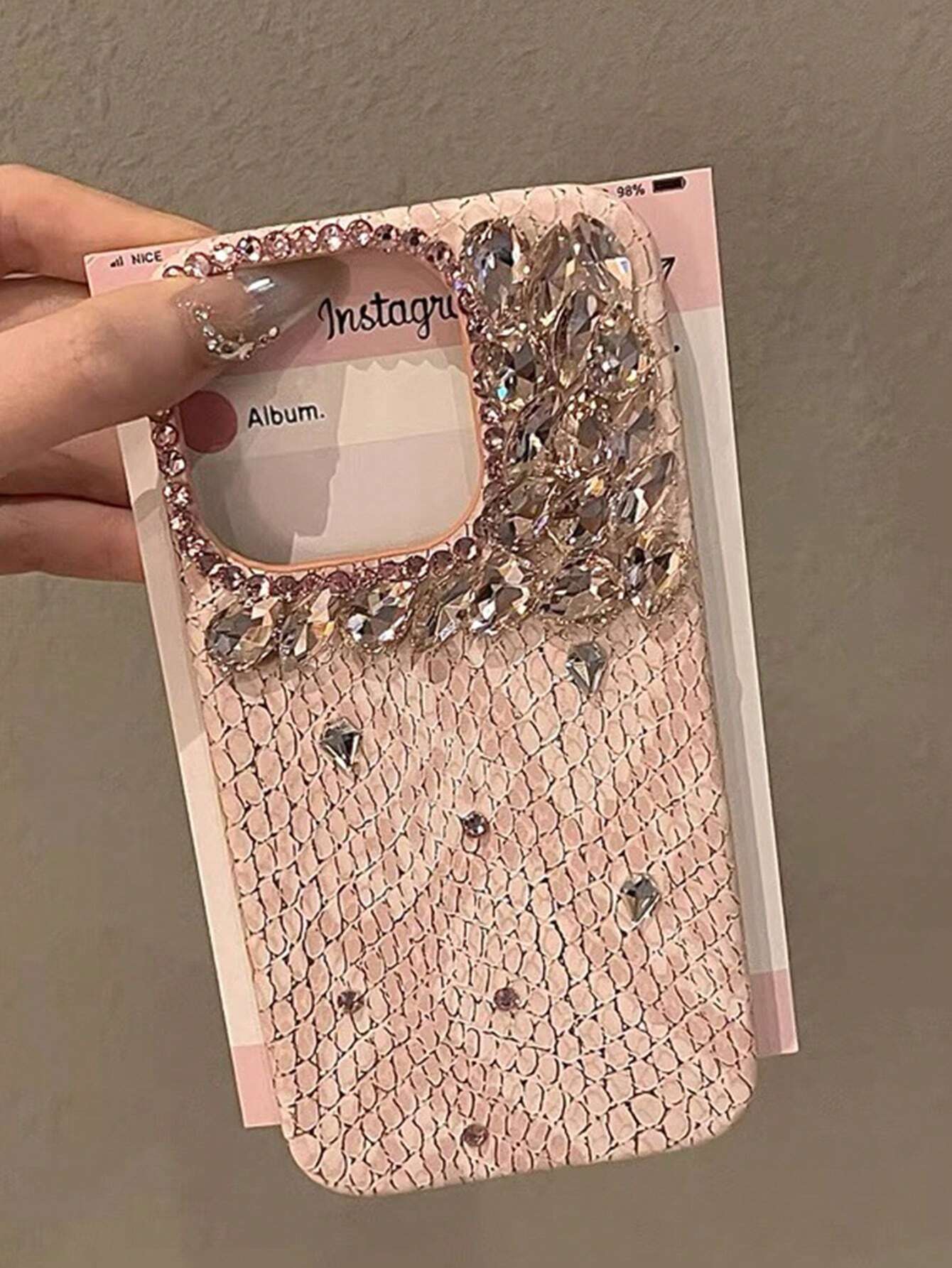 Y2k Fashionable Luxury New Faux Snake Skin Texture Pink Handcrafted Bling Full Body Shockproof Phone Case Cover shein