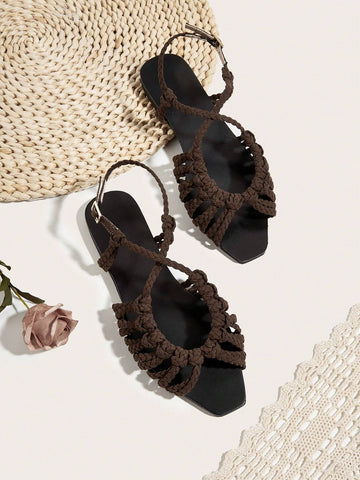 Faux Suede Hand-Woven Twist Flat Sandals shein