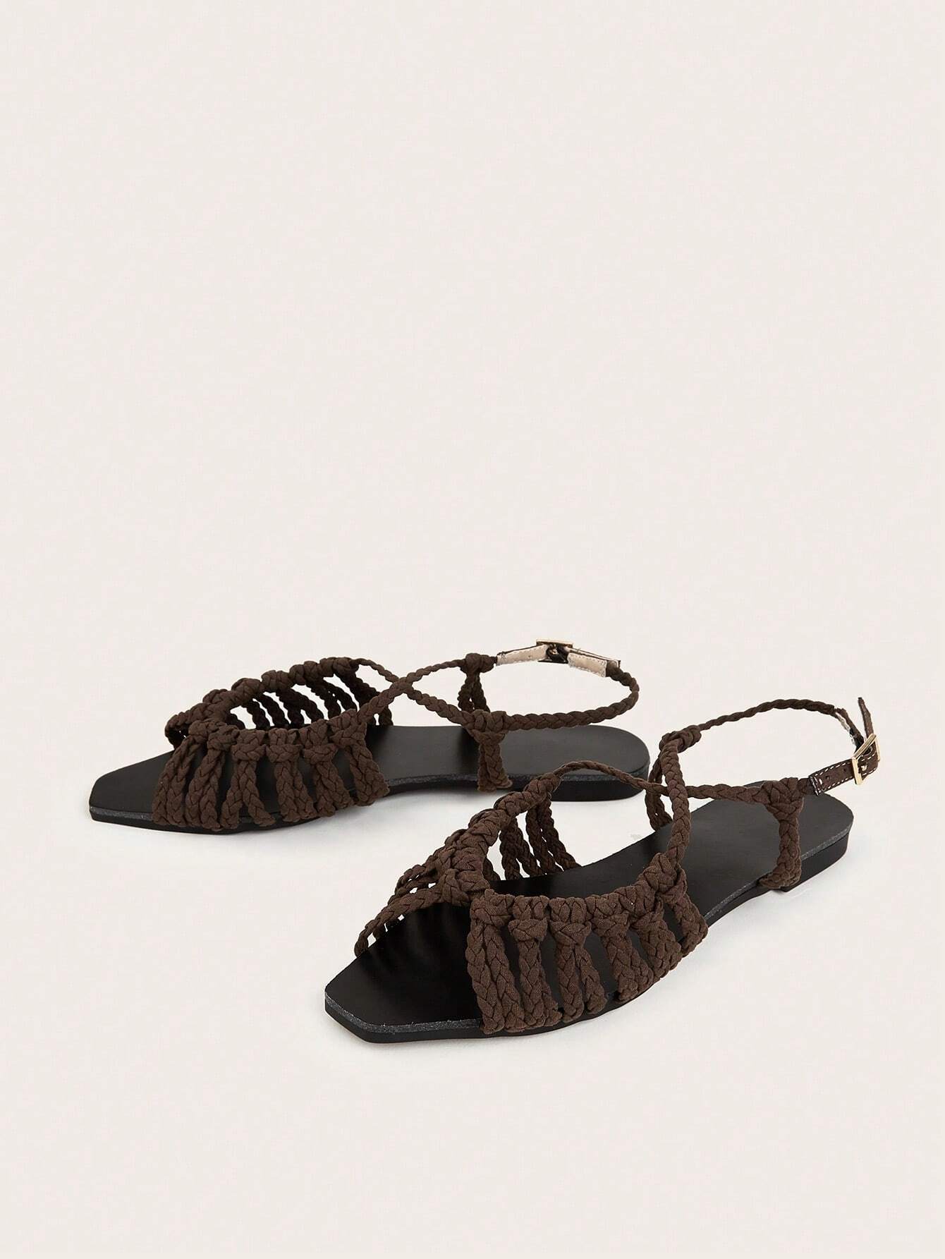 Faux Suede Hand-Woven Twist Flat Sandals shein