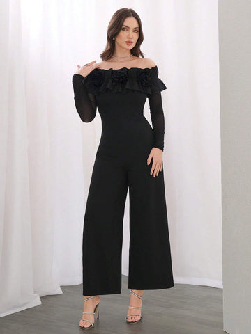 Modely Off Shoulder Ruffle Trim Wide Leg Jumpsuit shein