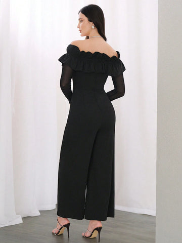 Modely Off Shoulder Ruffle Trim Wide Leg Jumpsuit shein