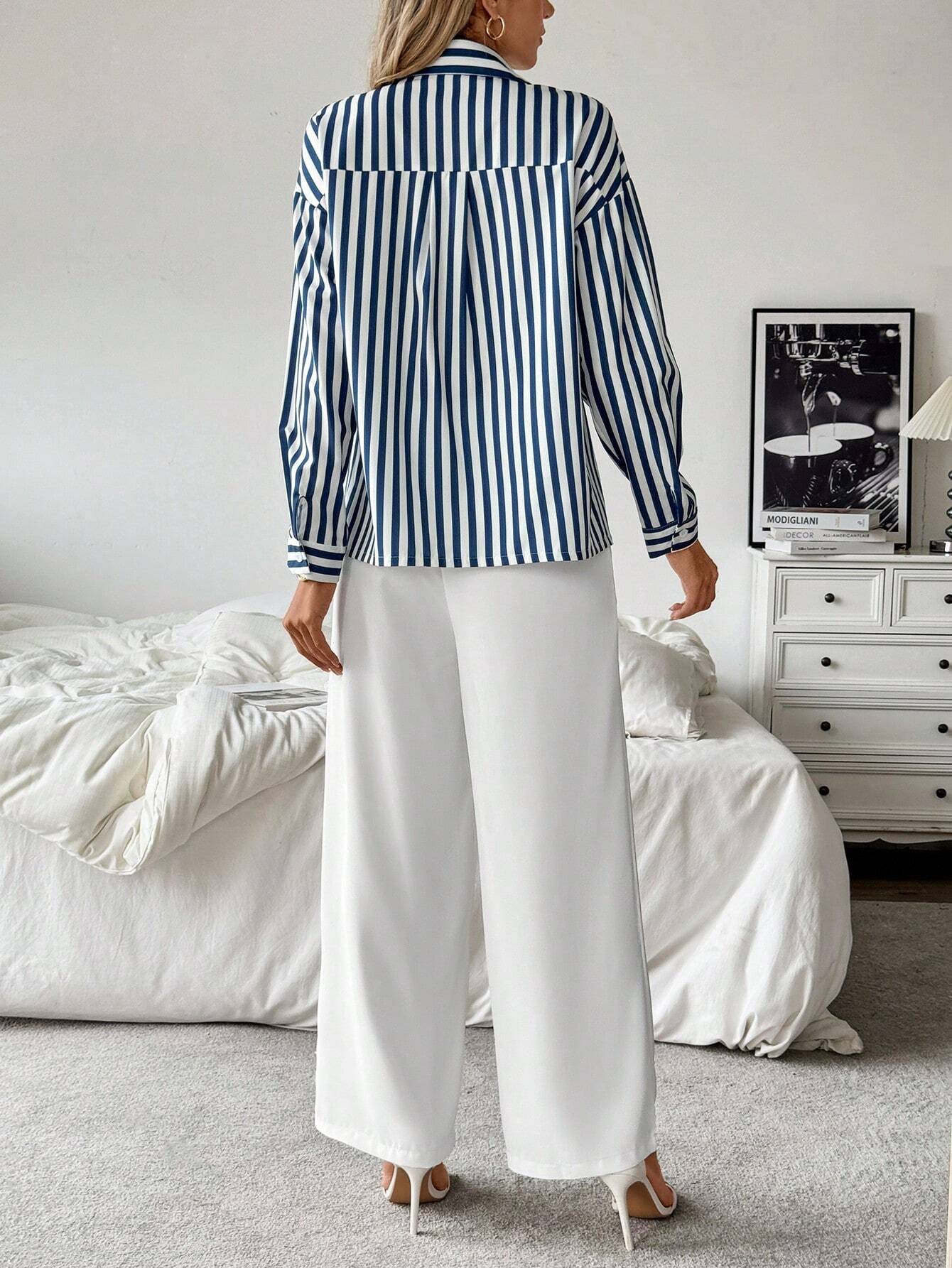 Frenchy Striped Collared Casual Shirt Paired With Straight White Pants shein