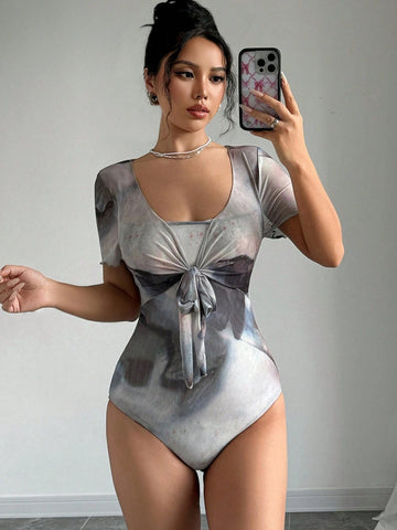 Privé Summer Fashion Bow Tie Front Mesh Splice Square Neck Bodycon Short Sleeve Bodysuit shein