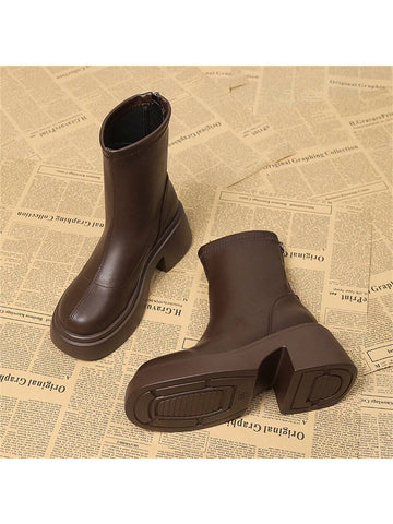 French Style Chunky Heel Boots With Height-Boosting Thick Sole, Round Toe And Waterproof Platform For Women shein