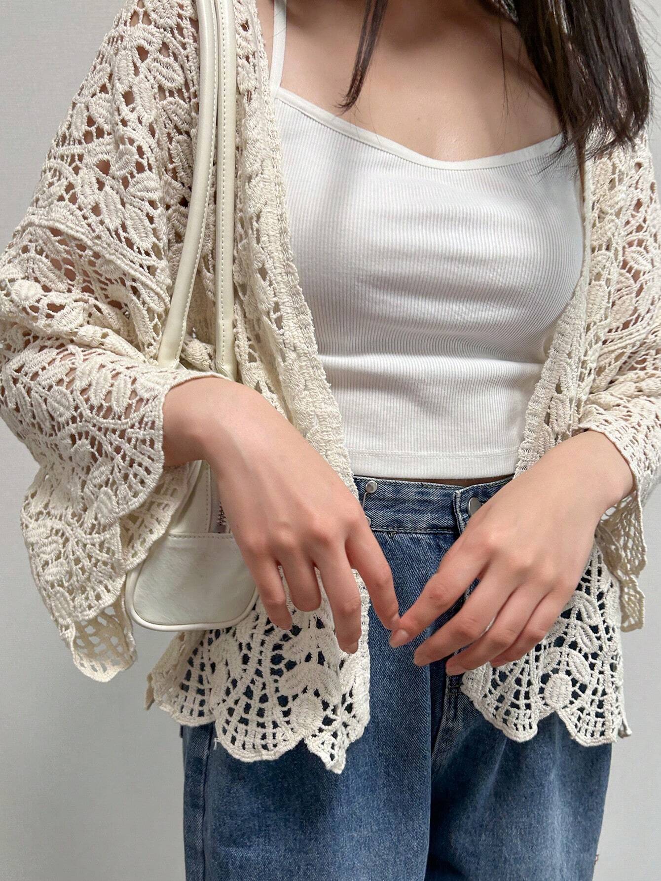 FRIFUL Women's Solid Color Simple Everyday Openwork Cardigan shein