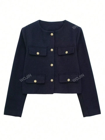 Women's Elegant Casual Tweed Jacket Round Neckline Decorated Long Sleeves Solid Colour Coat shein